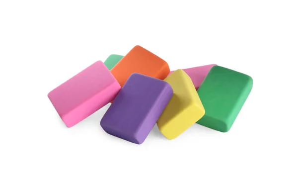 Pile Bright Erasers White Background — Stock Photo, Image
