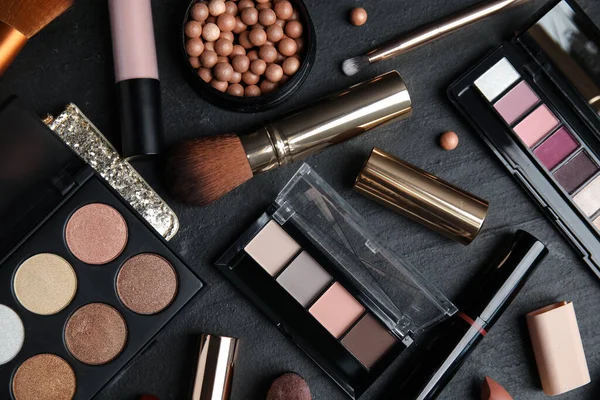 Flat Lay Composition Makeup Products Black Slate Table — Stock Photo, Image