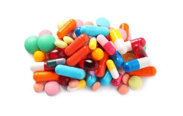 Pile Különböző Színes Tabletták Fehér Háttér Fenti Nézet — Stock Fotó