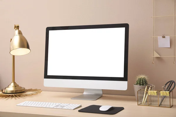 Stylish Workplace Modern Computer Beige Wall Indoors Space Text — Stock Photo, Image
