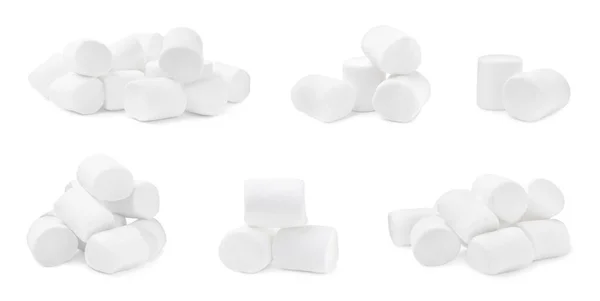 Conjunto Com Deliciosos Doces Marshmallows Inchados Fundo Branco Design Banner — Fotografia de Stock