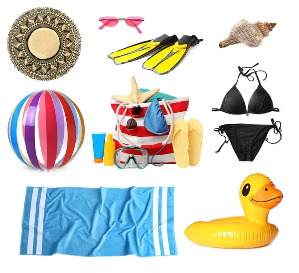 Set Stylish Beach Bag Other Accessories White Background — Stock Photo, Image
