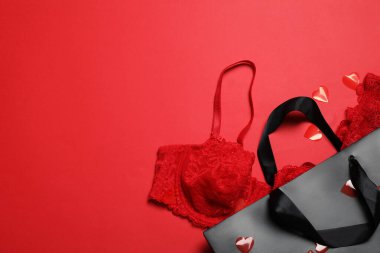 Flat lay composition with sexy lingerie on red background, space for text clipart