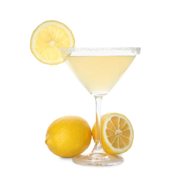 Citronová Kapka Martini Koktejl Čerstvé Ovoce Bílém Pozadí — Stock fotografie