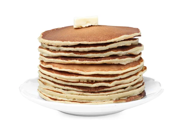 Stack Tasty Pancakes Butter White Background — Zdjęcie stockowe