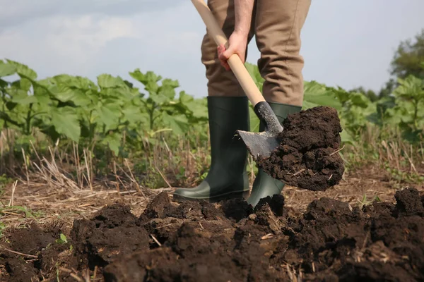 Worker digging soil with shovel outdoors, closeup