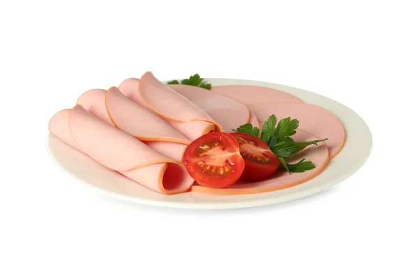 Scheiben Köstlicher Kochwurst Mit Petersilie Und Tomate Auf Weißem Hintergrund — Stockfoto