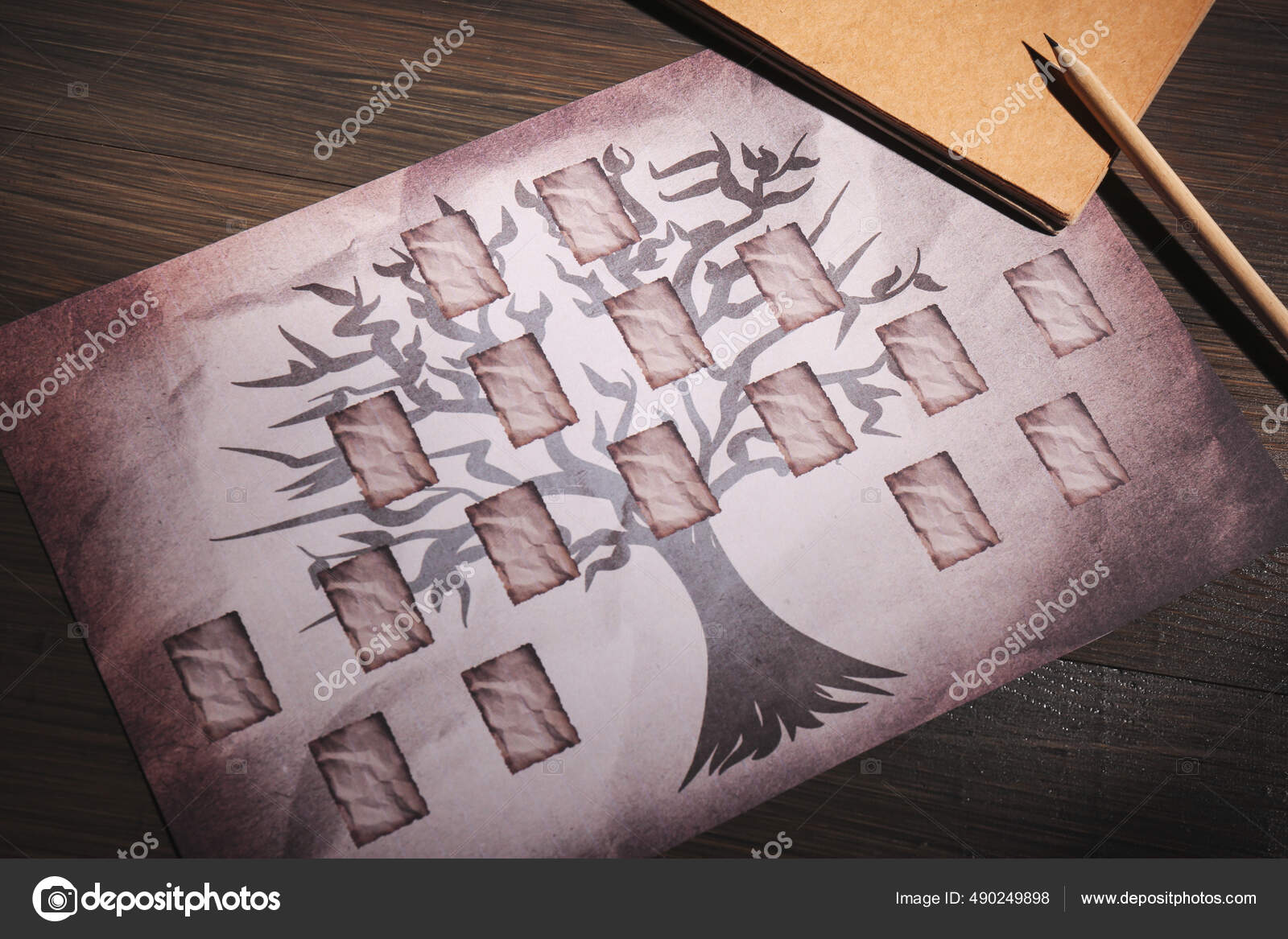 Blank Family Tree Notebook Pencil Wooden Table Stock Photo by
