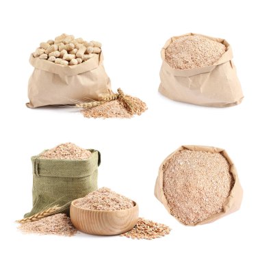 Beyaz arkaplanda buğday kepeği ile ayarlandı