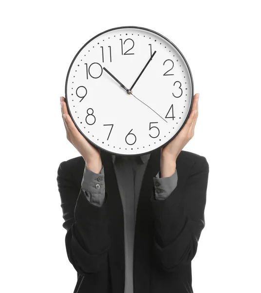 Empresaria Sosteniendo Reloj Sobre Fondo Blanco Gestión Del Tiempo — Foto de Stock