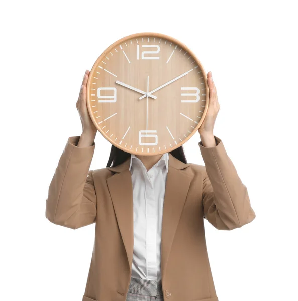 Empresaria Sosteniendo Reloj Sobre Fondo Blanco Gestión Del Tiempo — Foto de Stock