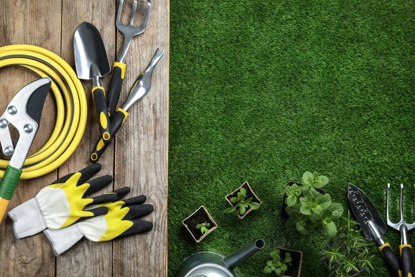 Diferentes Herramientas Jardinería Plantas Hierba Verde Puesta Plana Espacio Para — Foto de Stock