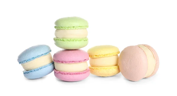Viele Köstliche Bunte Macarons Auf Weißem Hintergrund — Stockfoto
