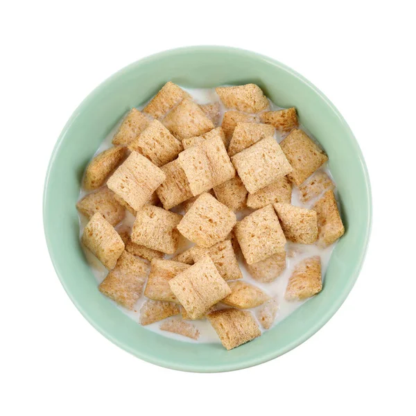 Tasty Corn Pads Milk Bowl Isolated White Top View — Stock Photo, Image