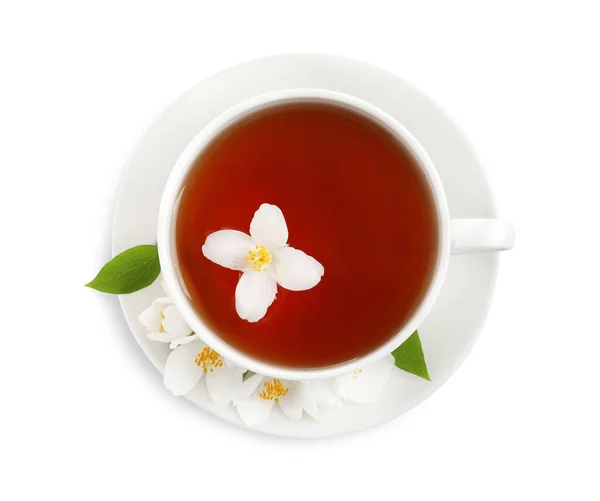 Чашка Ароматного Жасминового Чая Свежих Цветов Белом Фоне Вид Сверху — стоковое фото