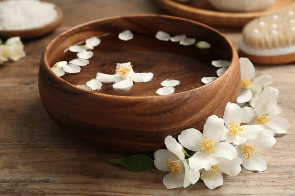 Bowl Water Beautiful Jasmine Flowers Wooden Table — Stock Photo, Image