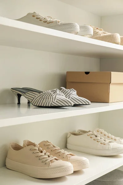 Storage Rack Stylish Women Shoes Indoors — Stock Photo, Image