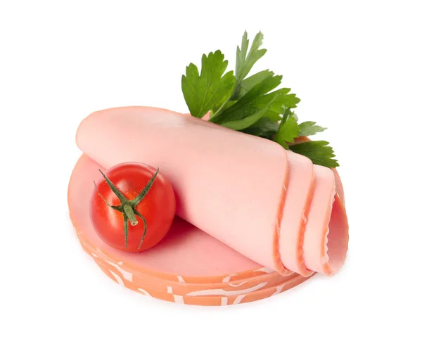 배경에 파슬리와 토마토와 맛있게 소시지 — 스톡 사진