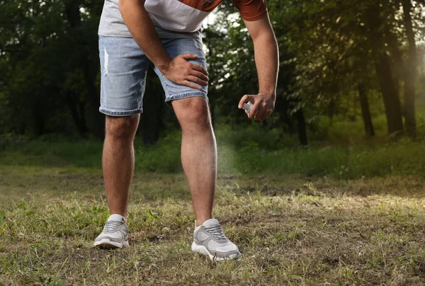Parkta Bacağına Böcek Kovucu Uygulayan Adam Yakın Plan Kene Isırığı — Stok fotoğraf