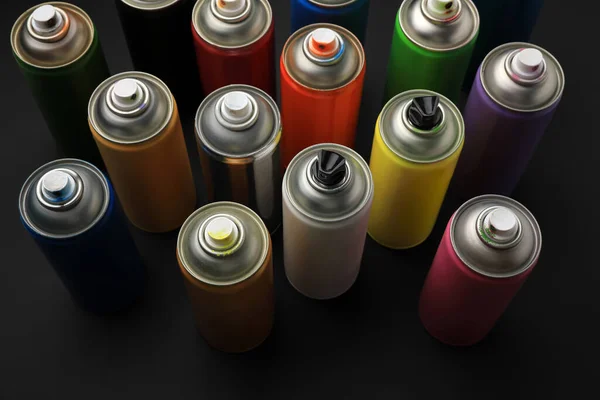 Cans Different Graffiti Spray Paints Black Background View — Stock Photo, Image