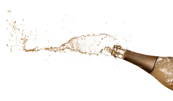 Sparkling Wine Splashing Out Bottle White Background — Stock Photo, Image