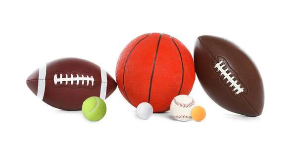 Group of different sport balls on white background 