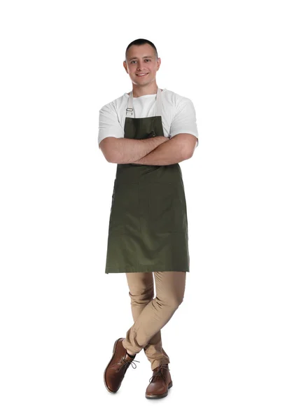 Full Length Portret Van Gelukkige Jonge Ober Uniform Witte Achtergrond — Stockfoto
