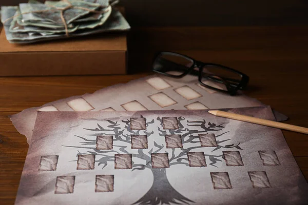 Papeles Con Plantillas Árbol Genealógico Lápiz Fotos Vasos Sobre Mesa — Foto de Stock