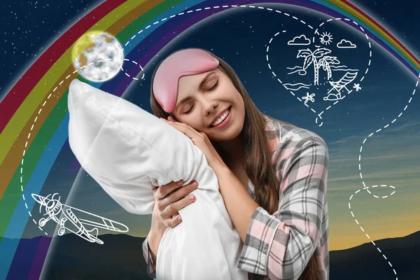 美丽的女人在睡梦中梦游 夜空星空映衬 — 图库照片