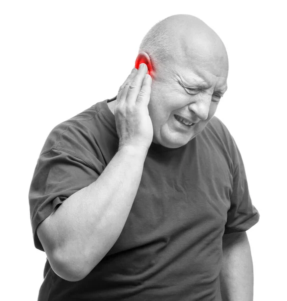 Homme Âgé Souffrant Maux Oreille Ton Noir Blanc — Photo