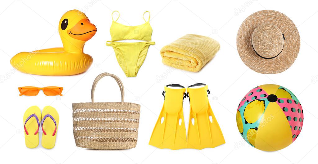 Set with stylish beach bag and other accessories on white background. Banner design 