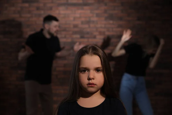 Couple Fighting Indoors Focus Unhappy Little Daughter Domestic Violence — Stock Photo, Image