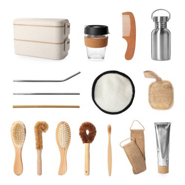 Beyaz arka planda farklı çevre dostu şeylerle ayarlanmış. Bilinçli tüketim