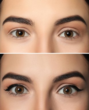 Göz kalemi sürmeden önce ve sonra kadın fotoğraflarıyla kolaj, yakın görünüm