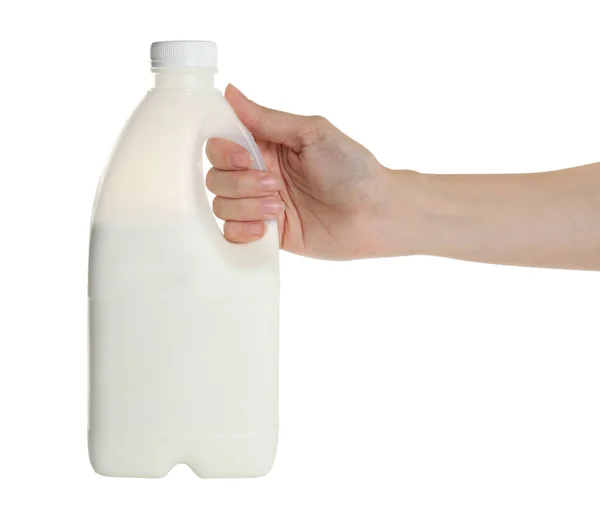 Vrouw Met Gallon Fles Melk Witte Achtergrond Close — Stockfoto
