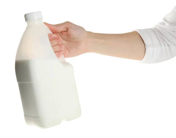 Vrouw Met Gallon Fles Melk Witte Achtergrond Close — Stockfoto