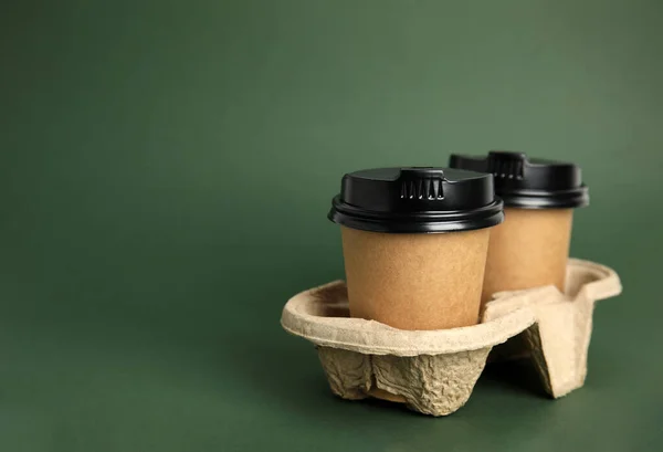 Tazas Café Papel Para Llevar Con Tapas Plástico Soporte Cartón — Foto de Stock
