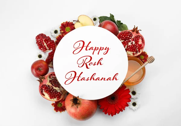 Platte Lay Compositie Met Rosh Hashanah Vakantie Attributen Kaart Witte — Stockfoto