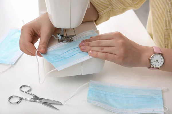 Woman Making Disposable Mask Sewing Machine White Table Closeup — Stock Photo, Image