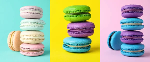 Colagem Com Fotos Deliciosos Macarons Diferentes Fundos Cores Design Banner — Fotografia de Stock