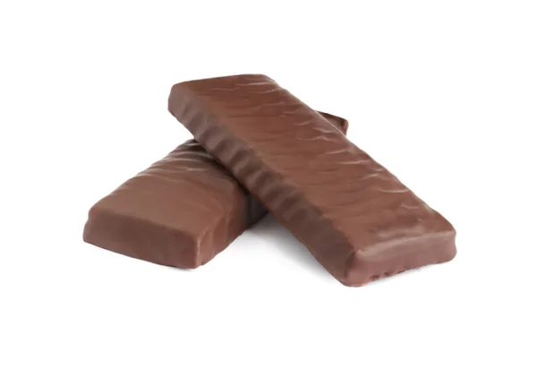 Вкусный Шоколад Глазированные Протеиновые Батончики Белом Фоне Здоровые Закуски — стоковое фото
