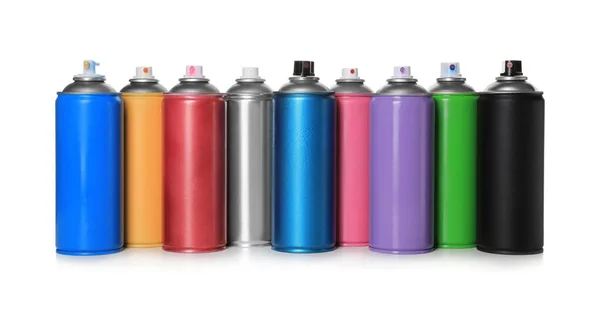 Cans Different Spray Paints White Background Graffiti Supplies — Stock Photo, Image