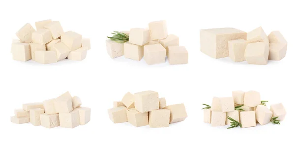 Conjunto Com Tofu Cru Saboroso Fundo Branco Design Banner — Fotografia de Stock