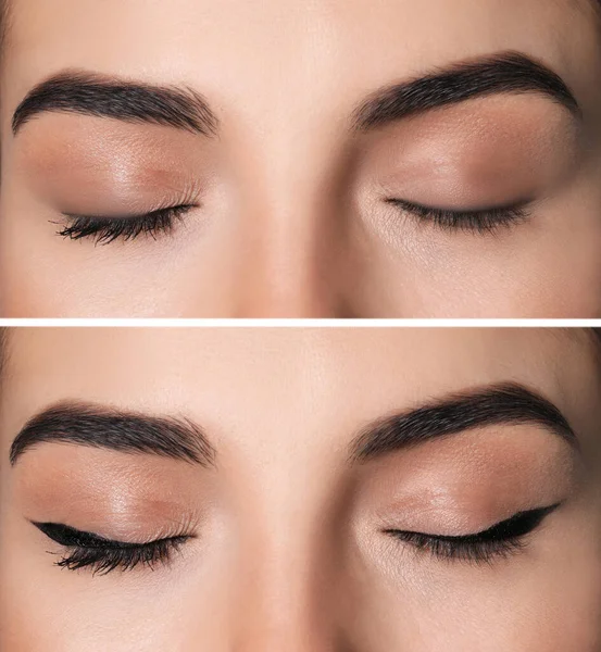 Collage Med Bilder Kvinna Före Och Efter Applicering Eyeliner Närbild — Stockfoto