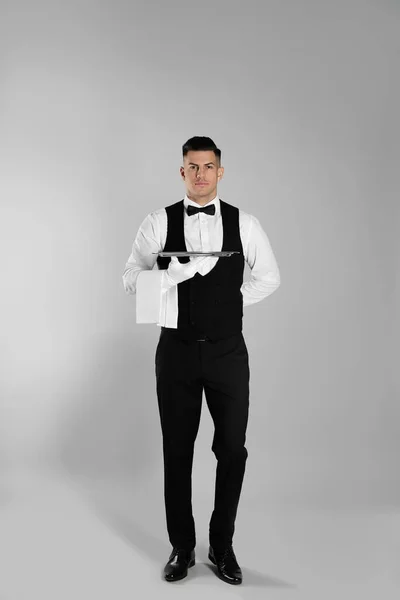 Handsome Butler Tray Light Grey Background — Stock Photo, Image