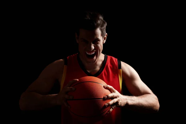 Basket Spelare Med Boll Svart Bakgrund — Stockfoto