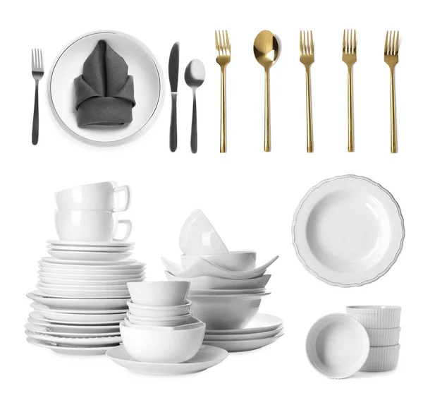Set Different Clean Dishware Cutlery White Background — Stock Photo, Image