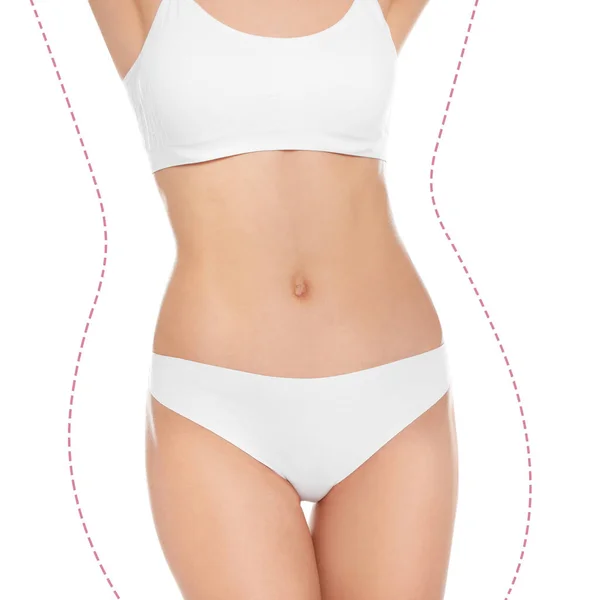 Schlanke Frau Unterwäsche Nach Der Gewichtsabnahme Auf Weißem Hintergrund Gesunde — Stockfoto