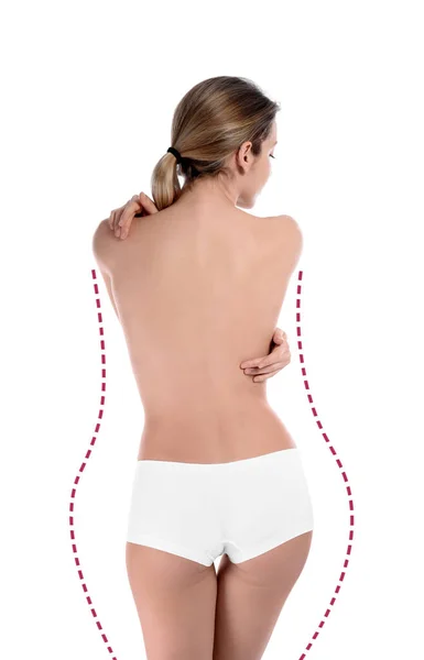 Junge Schlanke Frau Unterwäsche Nach Gewichtsverlust Auf Weißem Hintergrund Rückansicht — Stockfoto