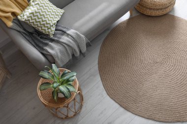 Oturma odasında, manzaranın üstünde şık bir halı var.